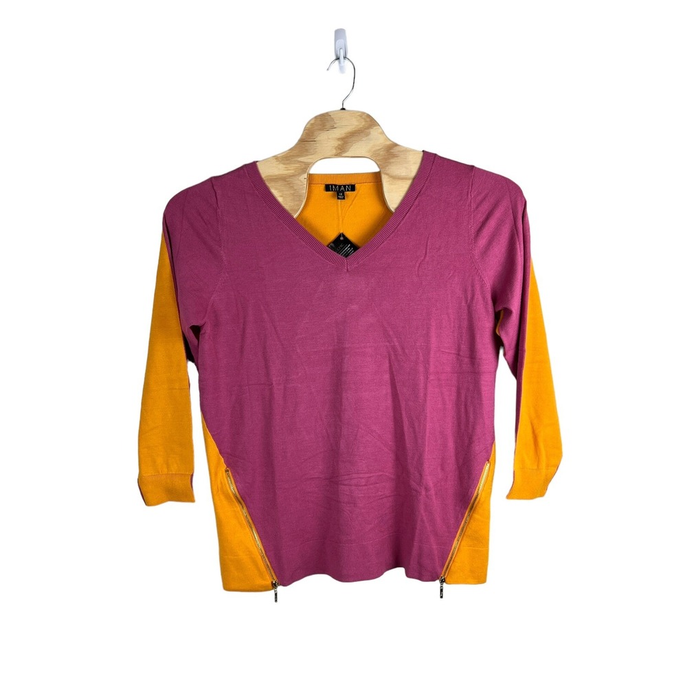 Iman Sweater  Womens 1X‎ Pink Mustard Global Chic Colorblock Tunic V Neck Zipper